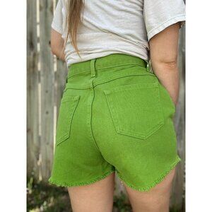 Vintage 90's Newport News Jeanology Green Cut Off Raw Hem Jean Shorts Waist 28"